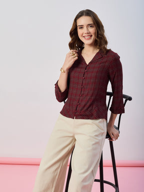 Latin Quarters Women's Maroon Checked 3/4th Sleeves Collar Neck Casual Shirt