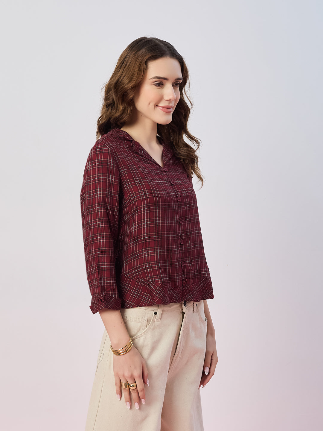 Latin Quarters Women's Maroon Checked 3/4th Sleeves Collar Neck Casual Shirt