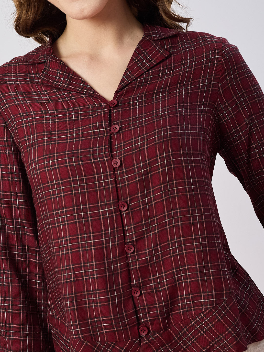 Latin Quarters Women's Maroon Checked 3/4th Sleeves Collar Neck Casual Shirt
