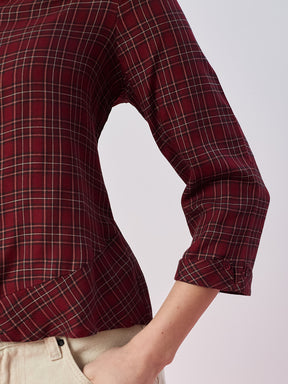Latin Quarters Women's Maroon Checked 3/4th Sleeves Collar Neck Casual Shirt