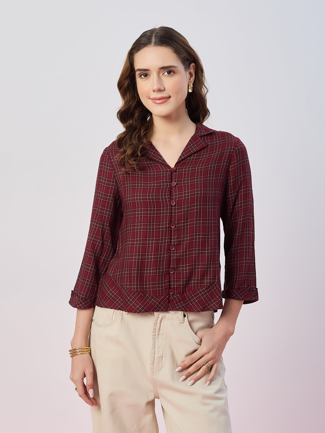 Latin Quarters Women's Maroon Checked 3/4th Sleeves Collar Neck Casual Shirt
