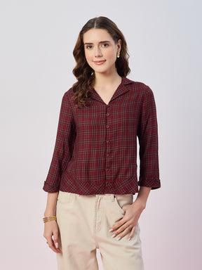 Latin Quarters Women's Maroon Checked 3/4th Sleeves Collar Neck Casual Shirt