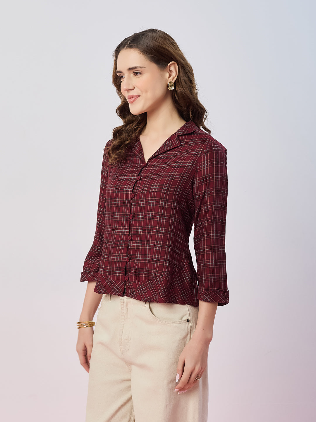 Latin Quarters Women's Maroon Checked 3/4th Sleeves Collar Neck Casual Shirt