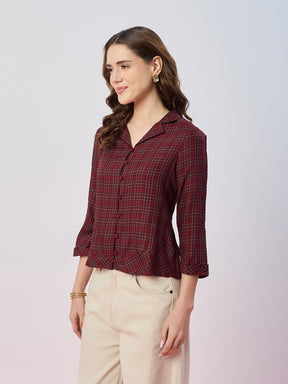 Latin Quarters Women's Maroon Checked 3/4th Sleeves Collar Neck Casual Shirt