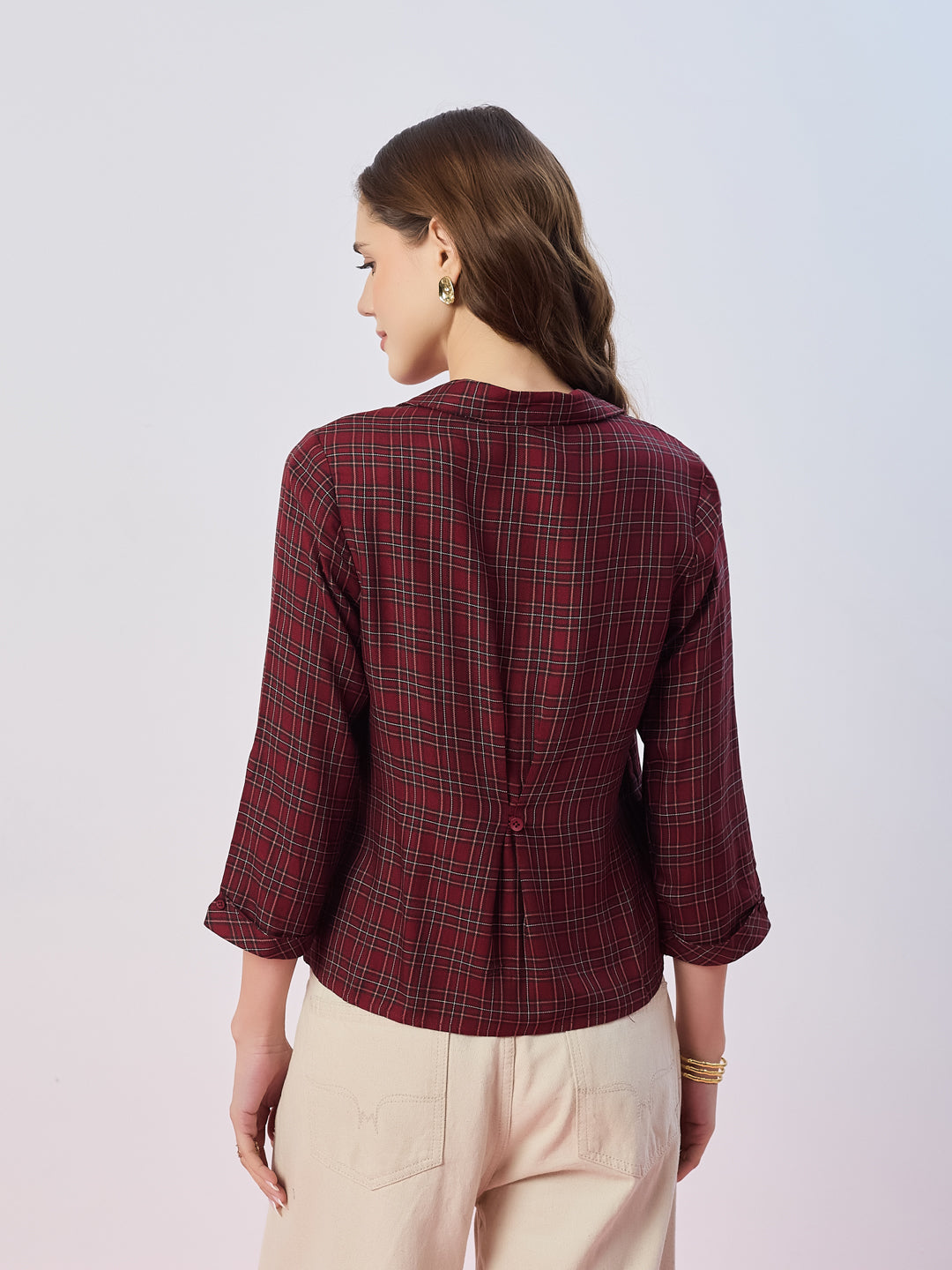 Latin Quarters Women's Maroon Checked 3/4th Sleeves Collar Neck Casual Shirt