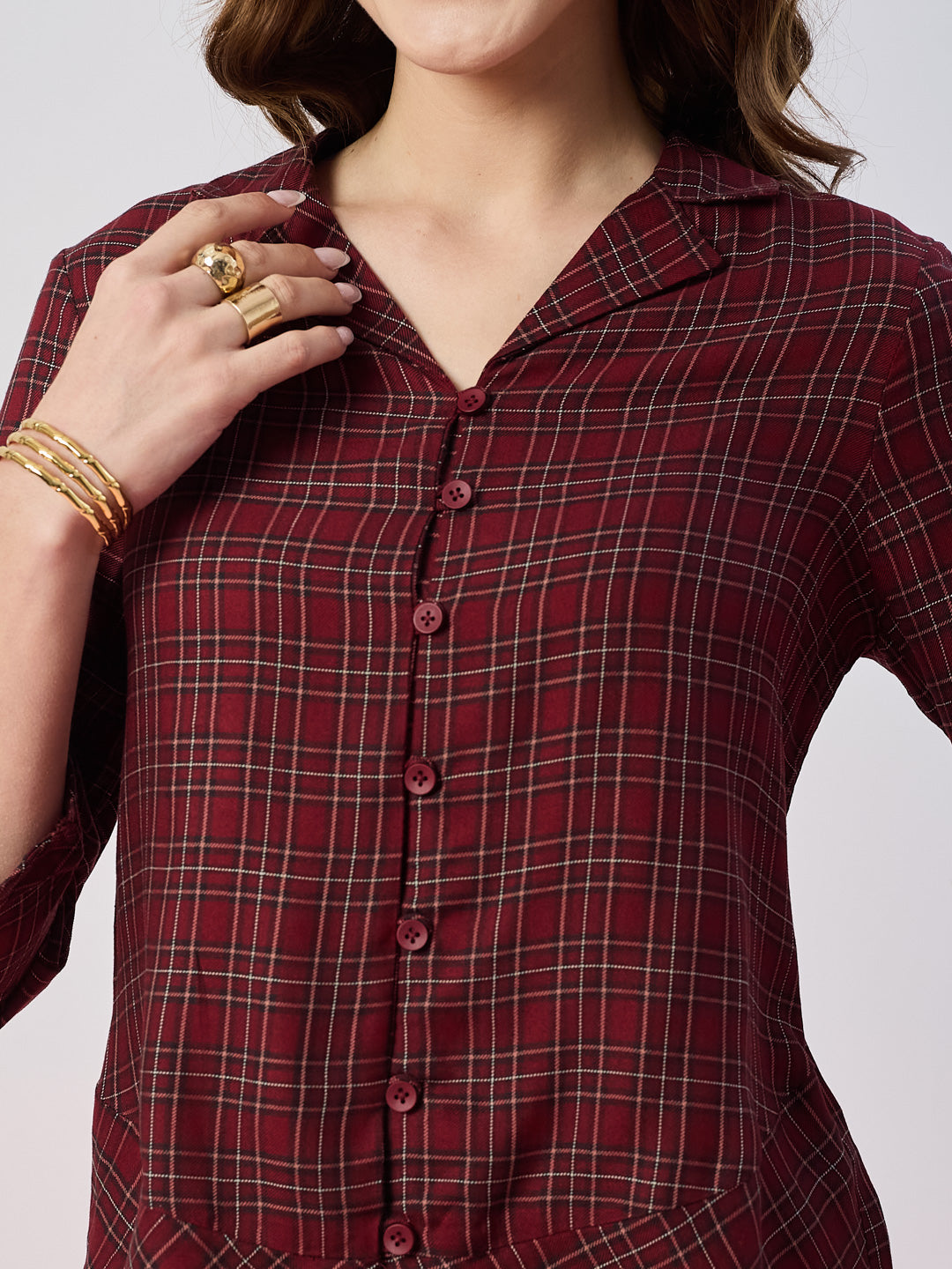 Latin Quarters Women's Maroon Checked 3/4th Sleeves Collar Neck Casual Shirt