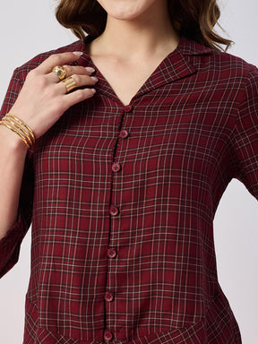 Latin Quarters Women's Maroon Checked 3/4th Sleeves Collar Neck Casual Shirt