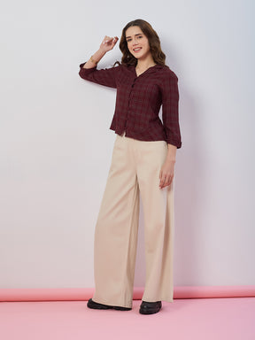 Latin Quarters Women's Maroon Checked 3/4th Sleeves Collar Neck Casual Shirt