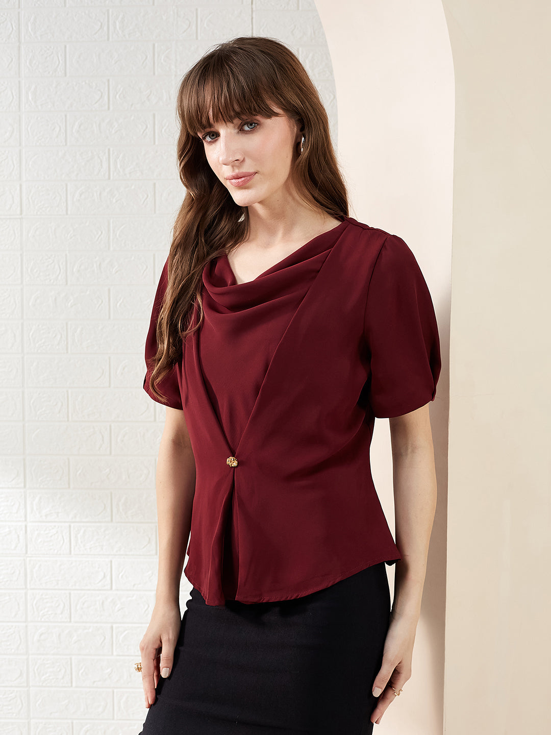 Latin Quarters Women's Maroon Solid Half Sleeves Cowl Neck Casual Top