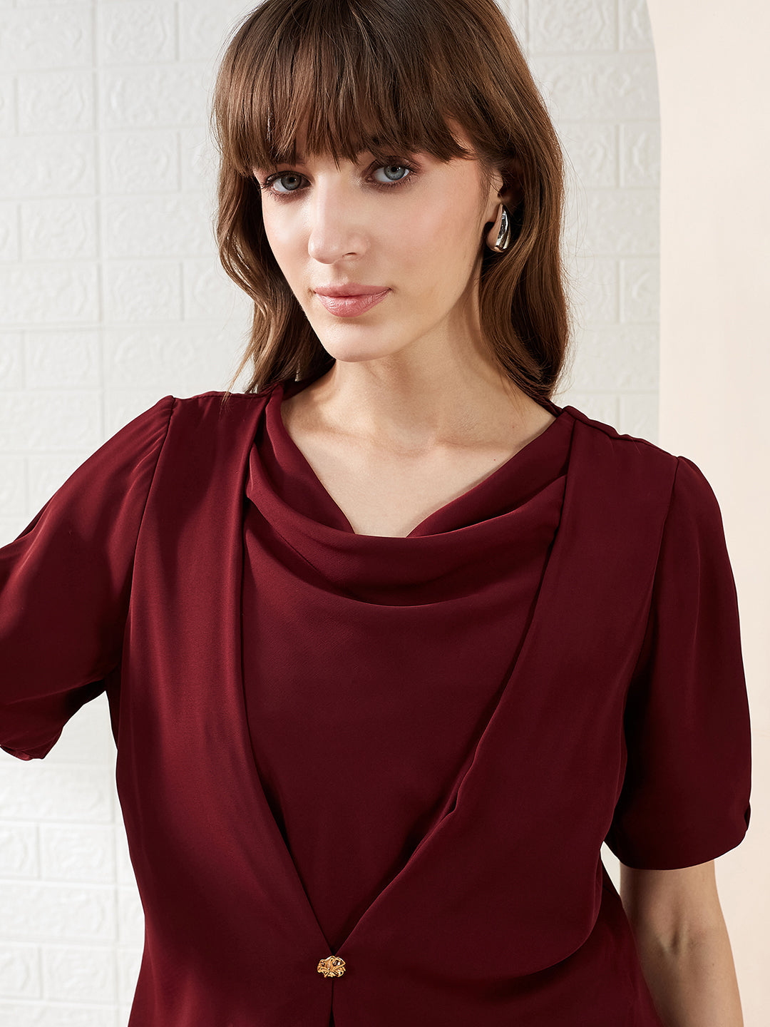 Latin Quarters Women's Maroon Solid Half Sleeves Cowl Neck Casual Top