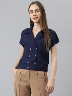 Blue Cap Sleeve Collar Neck Short Blouse Top for Women