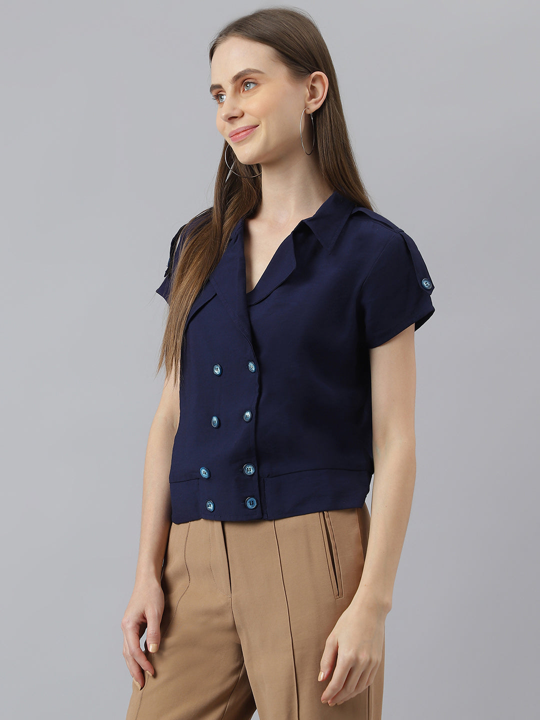 Blue Cap Sleeve Collar Neck Short Blouse Top for Women