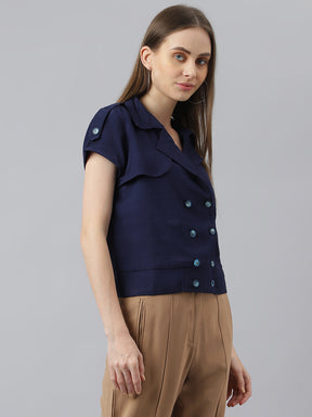 Blue Cap Sleeve Collar Neck Short Blouse Top for Women