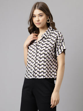 Latin Quarters Women Lilac Printed Short Sleeve Casual Shirt