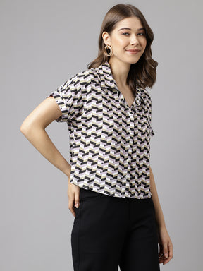 Latin Quarters Women Lilac Printed Short Sleeve Casual Shirt