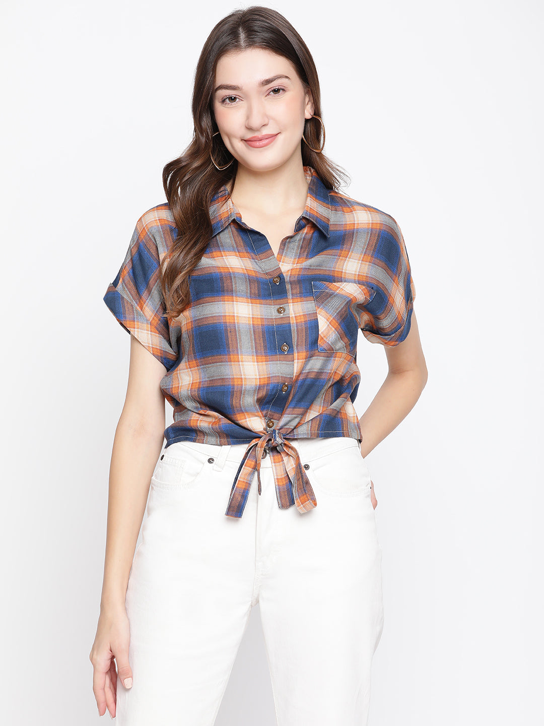 Latin Quarters Women's Blue Short Sleeve Check Collared Casual Shirt