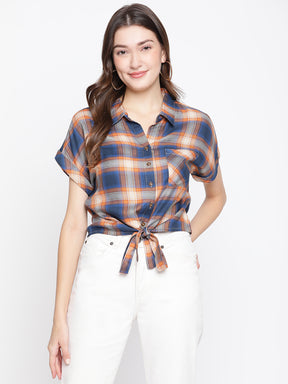 Latin Quarters Women's Blue Short Sleeve Check Collared Casual Shirt