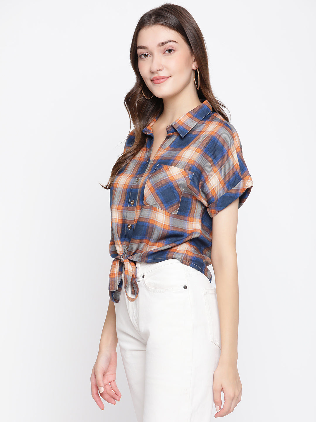 Latin Quarters Women's Blue Short Sleeve Check Collared Casual Shirt
