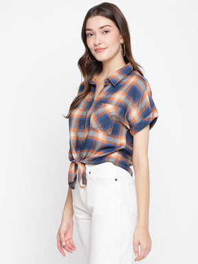 Latin Quarters Women's Blue Short Sleeve Check Collared Casual Shirt