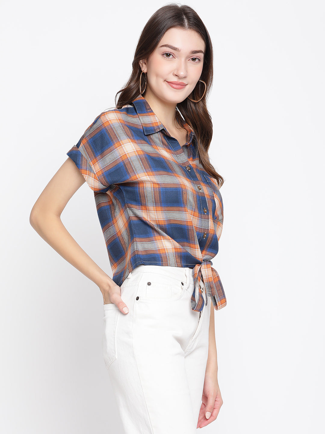 Latin Quarters Women's Blue Short Sleeve Check Collared Casual Shirt
