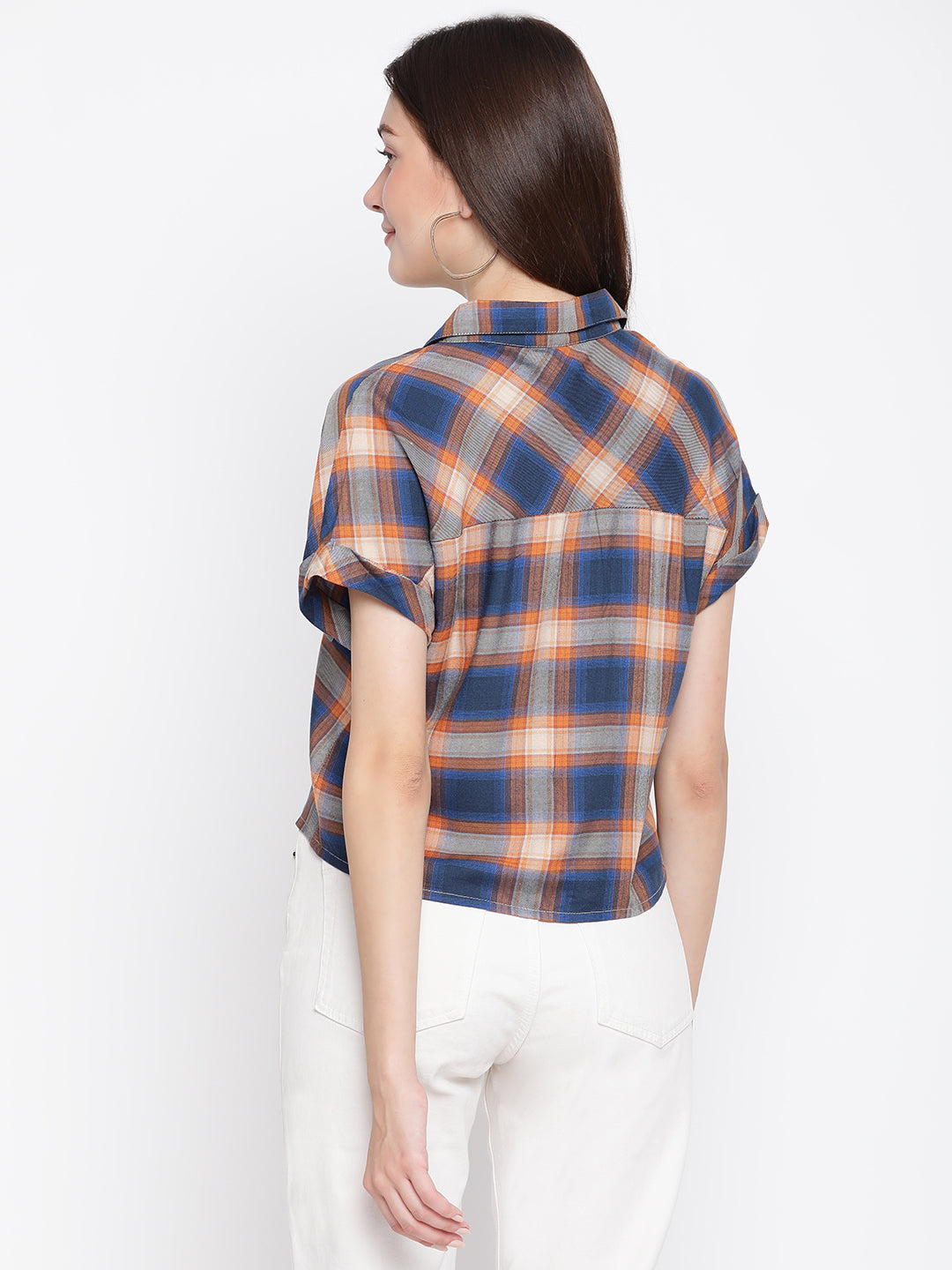 Latin Quarters Women's Blue Short Sleeve Check Collared Casual Shirt