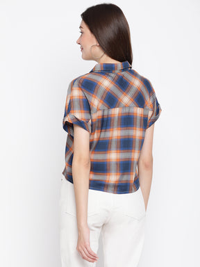 Latin Quarters Women's Blue Short Sleeve Check Collared Casual Shirt