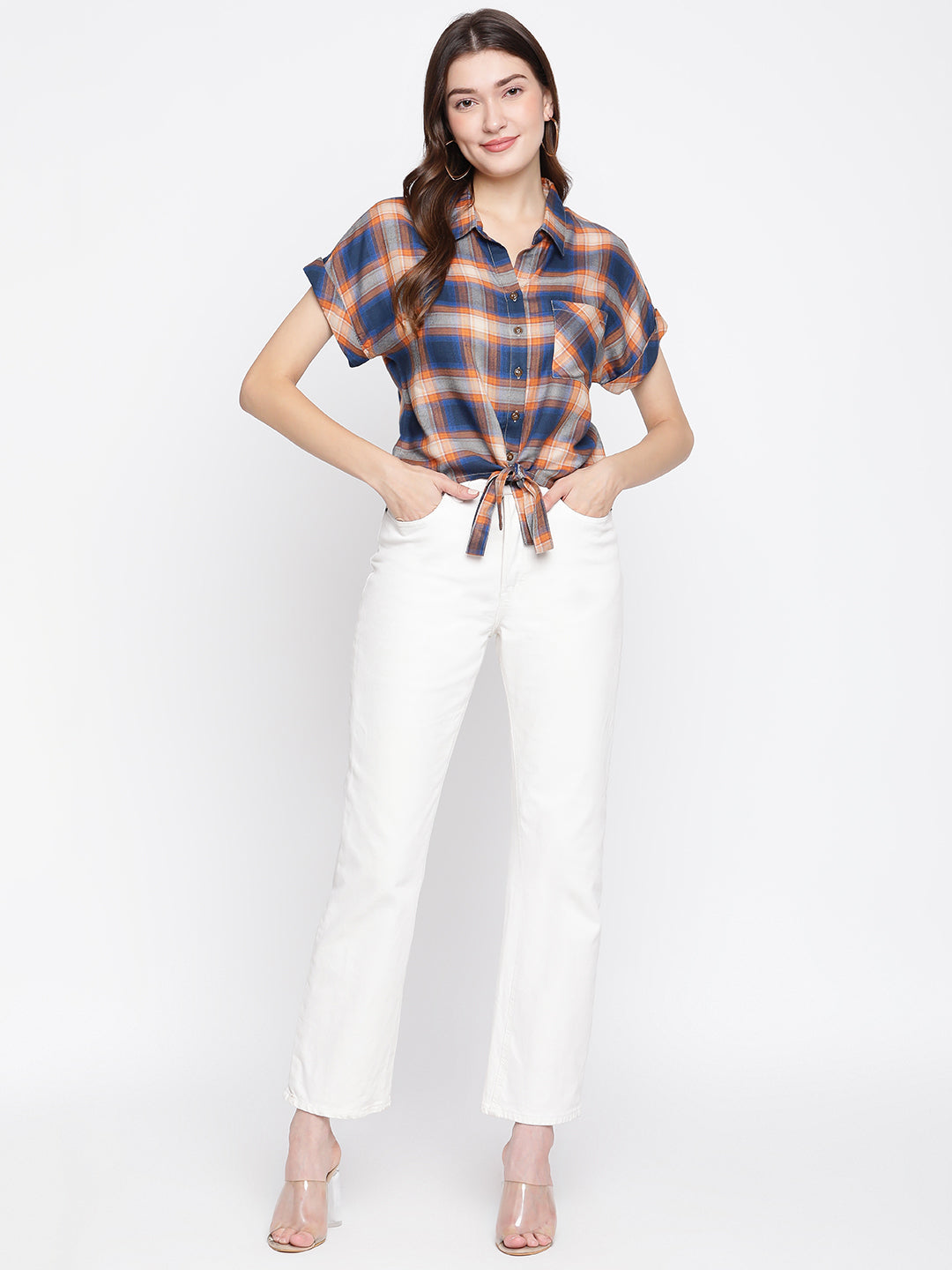 Latin Quarters Women's Blue Short Sleeve Check Collared Casual Shirt