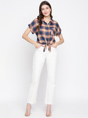 Latin Quarters Women's Blue Short Sleeve Check Collared Casual Shirt