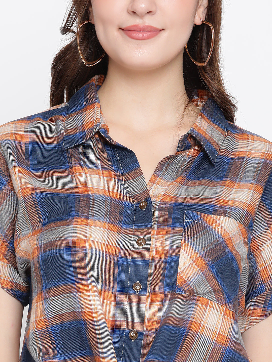 Latin Quarters Women's Blue Short Sleeve Check Collared Casual Shirt