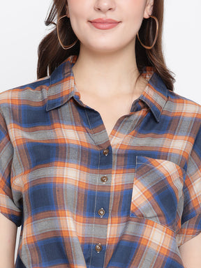 Latin Quarters Women's Blue Short Sleeve Check Collared Casual Shirt