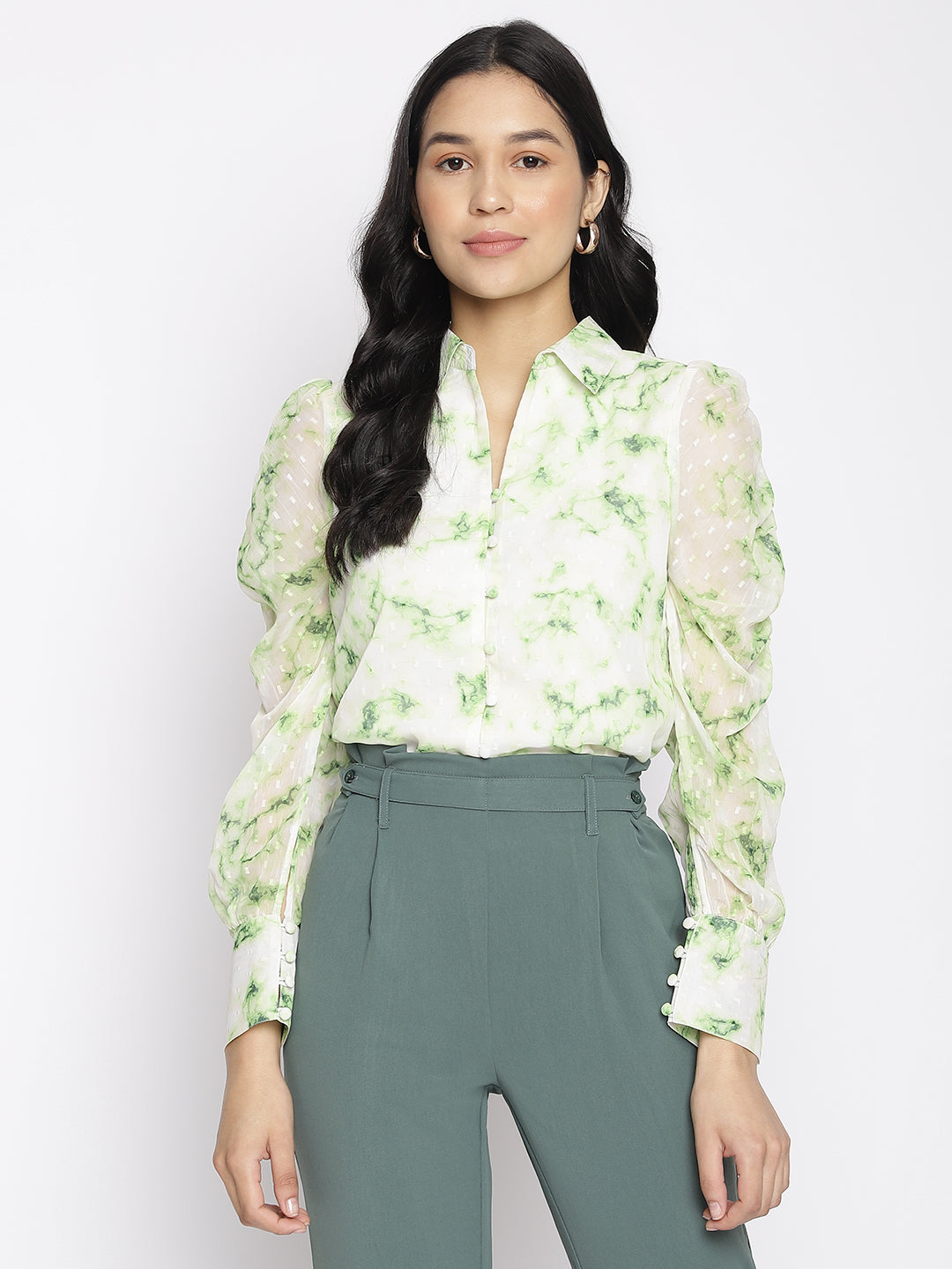 Latin Quarters Women'S Green Tie-Dye Collared Full Sleeve Casual Top