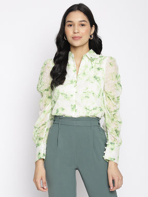 Latin Quarters Women'S Green Tie-Dye Collared Full Sleeve Casual Top