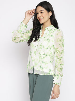 Latin Quarters Women'S Green Tie-Dye Collared Full Sleeve Casual Top