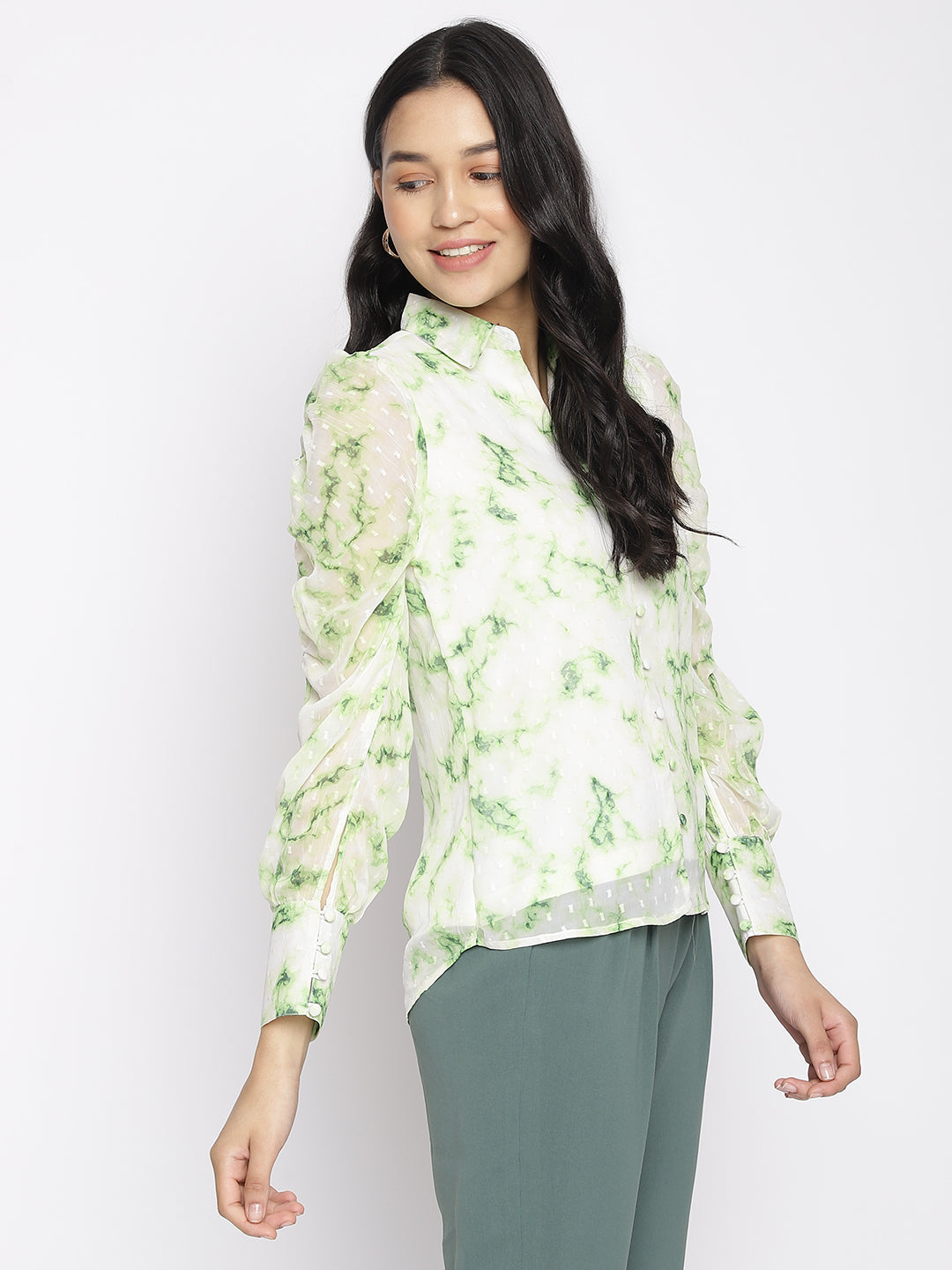 Latin Quarters Women'S Green Tie-Dye Collared Full Sleeve Casual Top