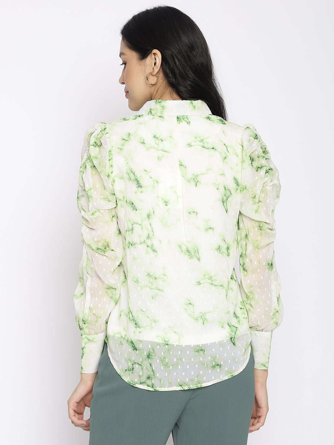 Latin Quarters Women'S Green Tie-Dye Collared Full Sleeve Casual Top