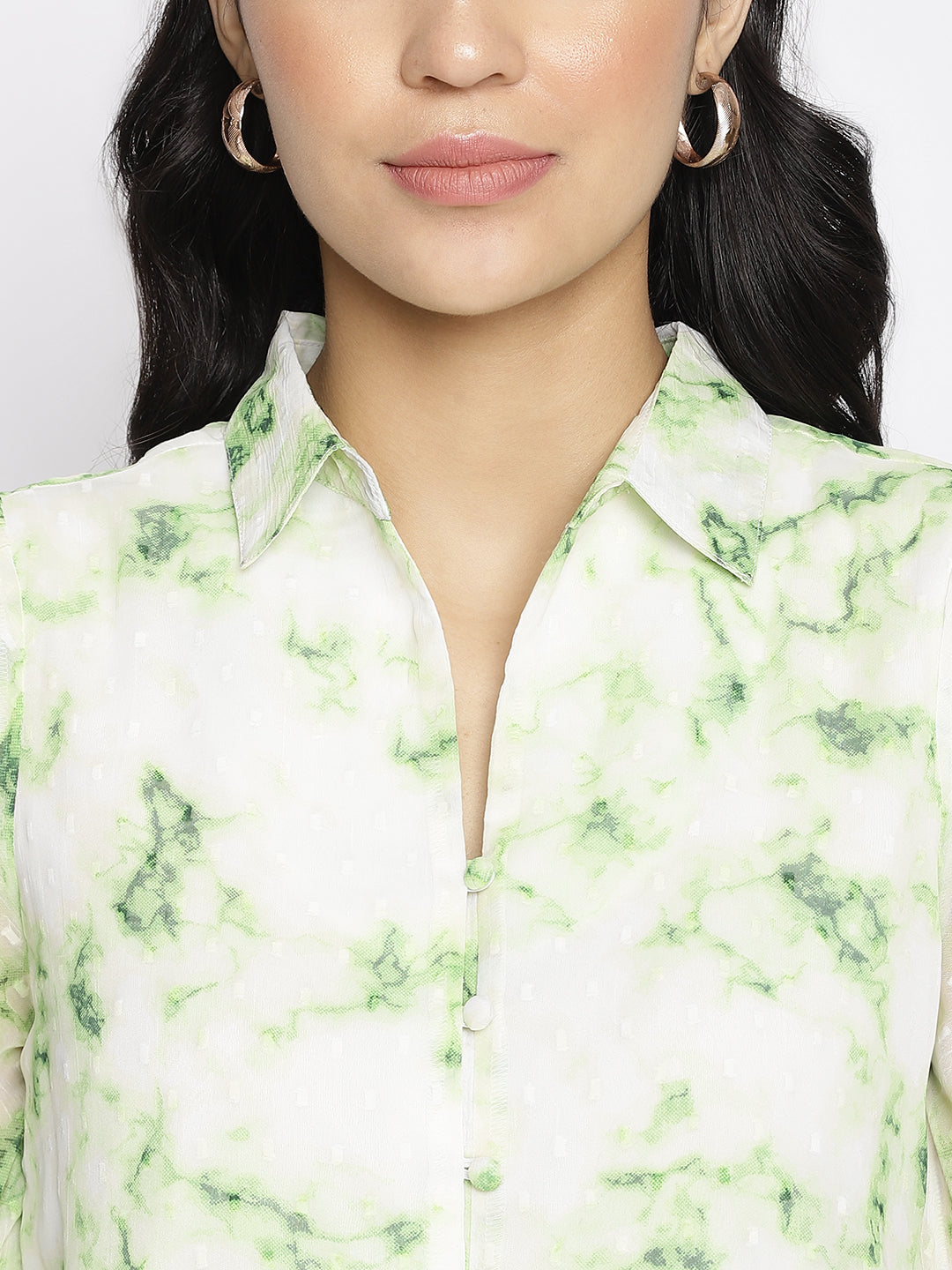Latin Quarters Women'S Green Tie-Dye Collared Full Sleeve Casual Top