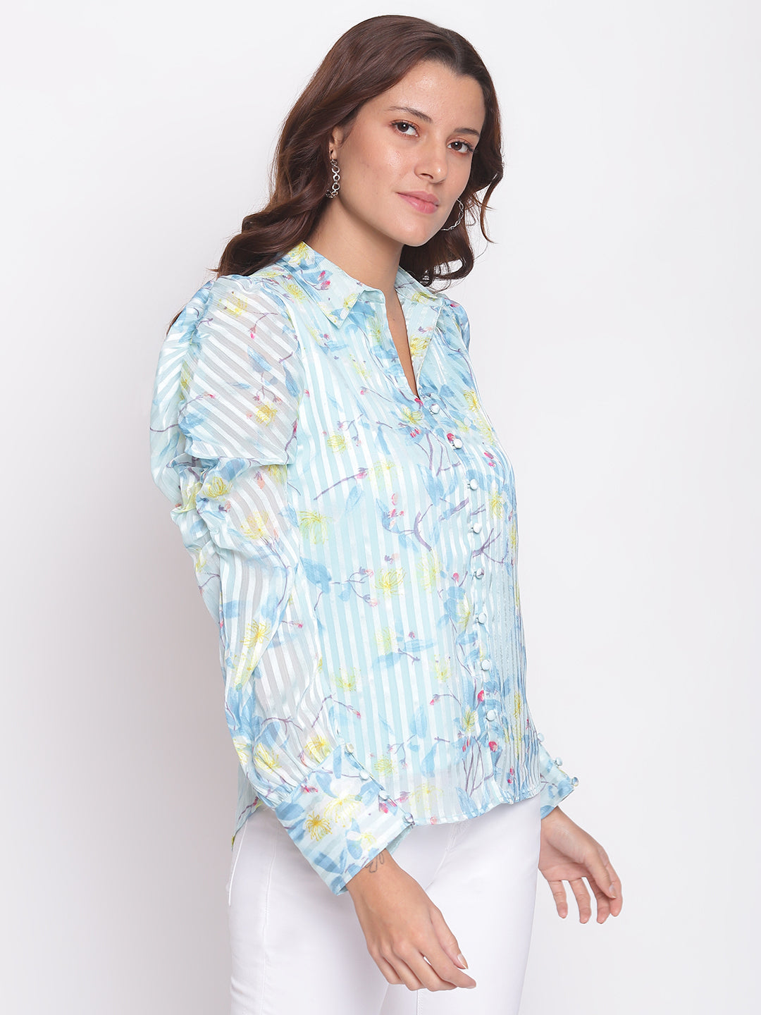 Blue Full Sleeve Printed Polyester Regular Top