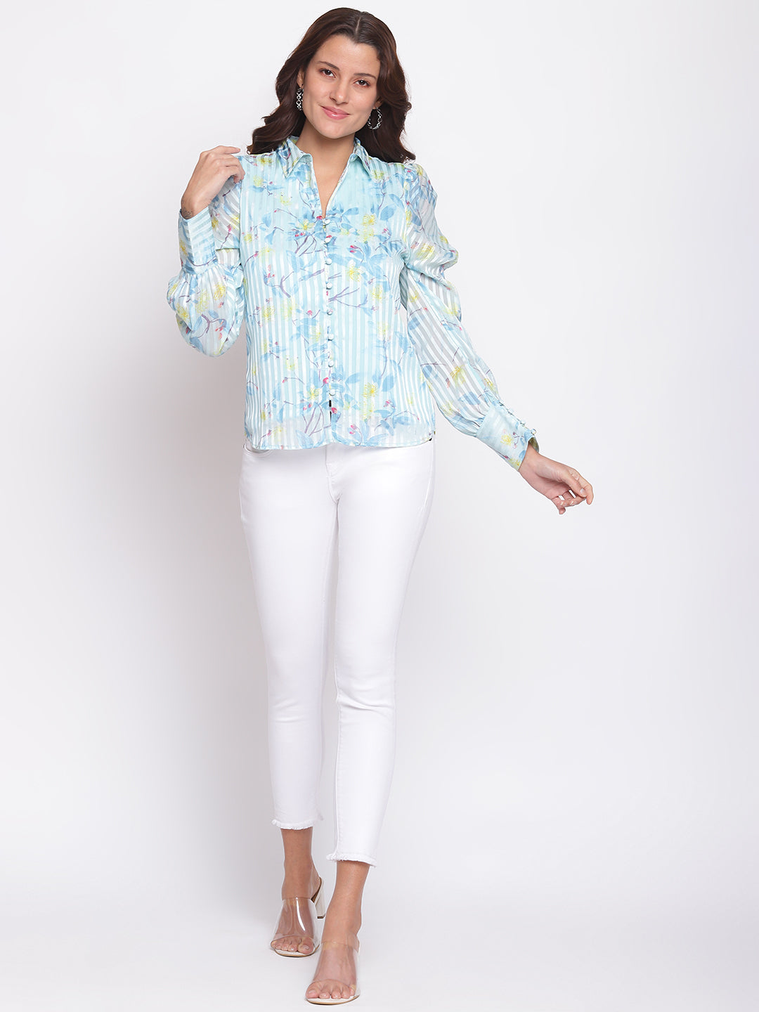 Blue Full Sleeve Printed Polyester Regular Top