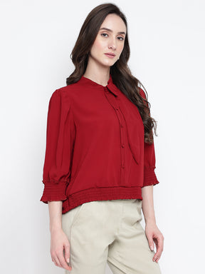 Latin Quarters Women's Maroon Half Sleeves Collar Neck Casual Solid Top
