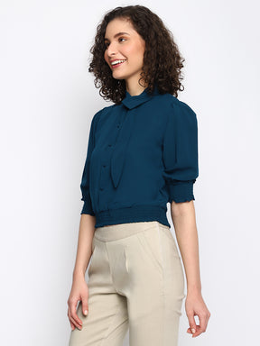 Latin Quarters Women's Teal Half Sleeves Tie Up Casual Solid Top