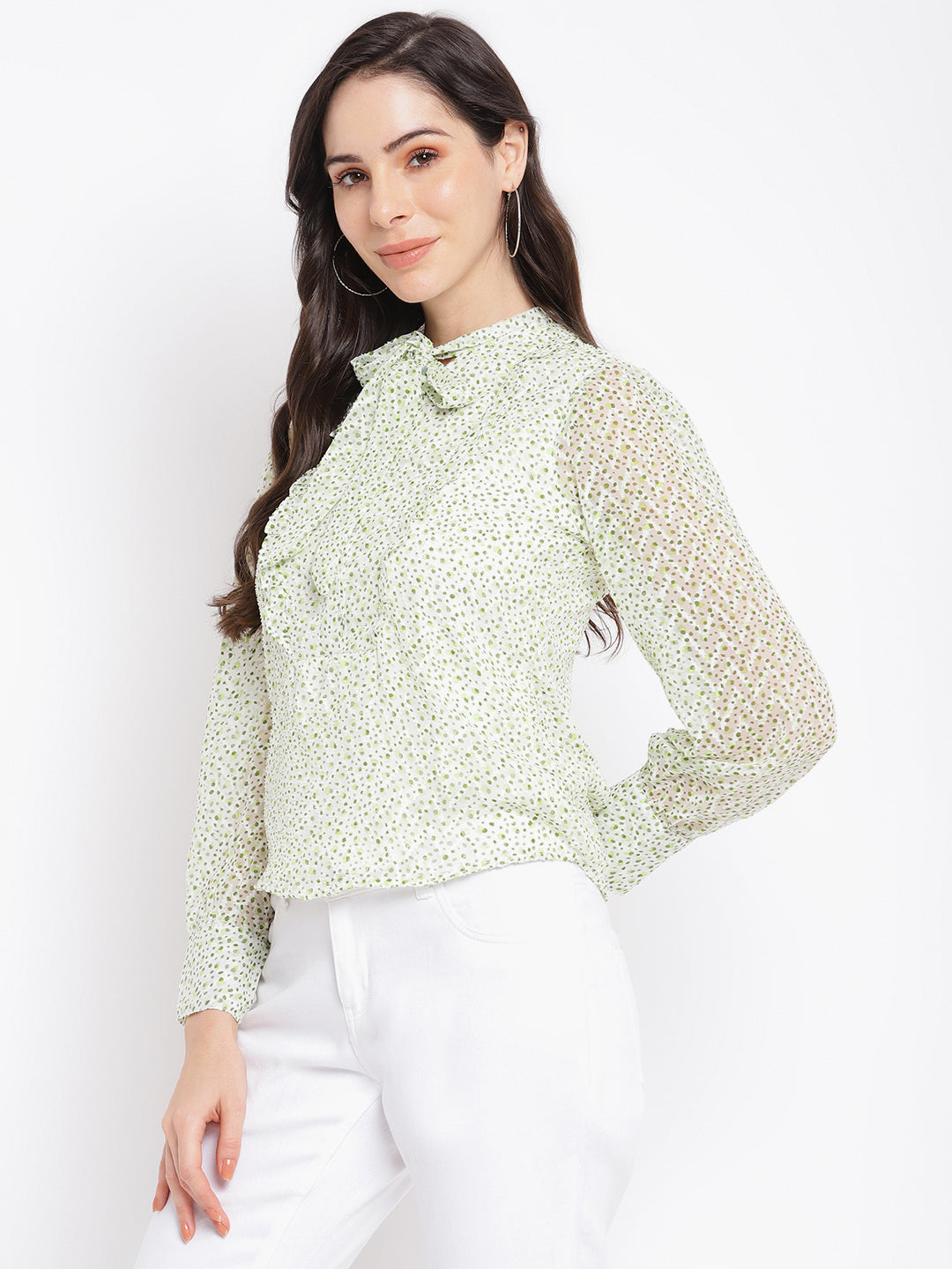 Green Full Sleeve Printed Polyester Blouse