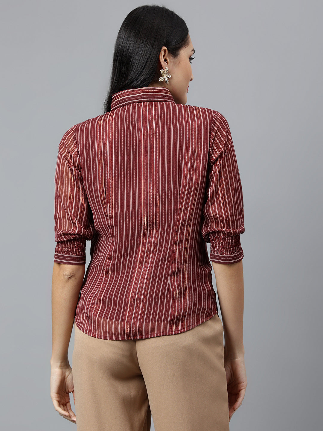 Maroon Solid 3/4 Sleeve Casual Blouse