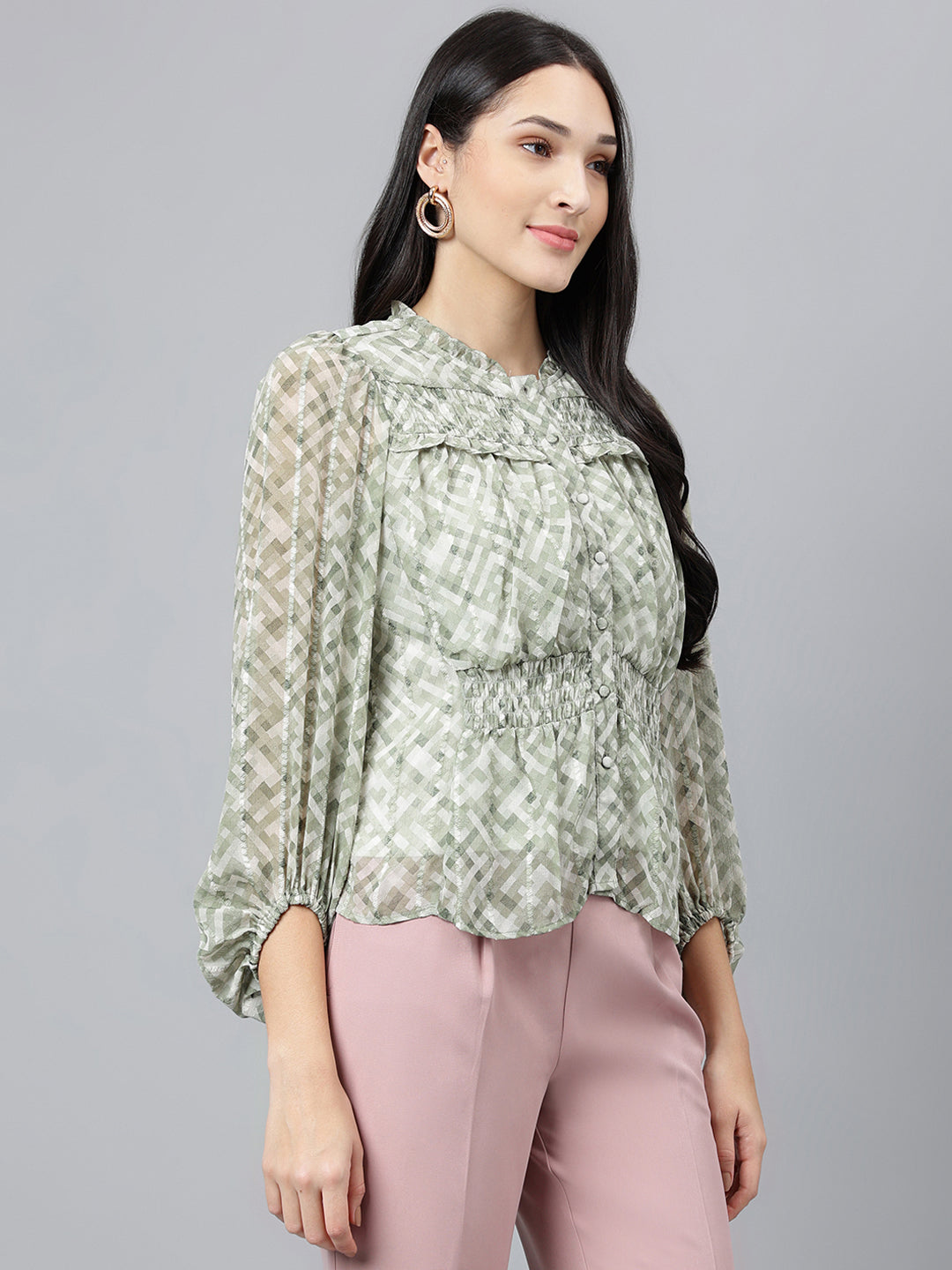 Green Printed Full Sleeve Casual Blouse