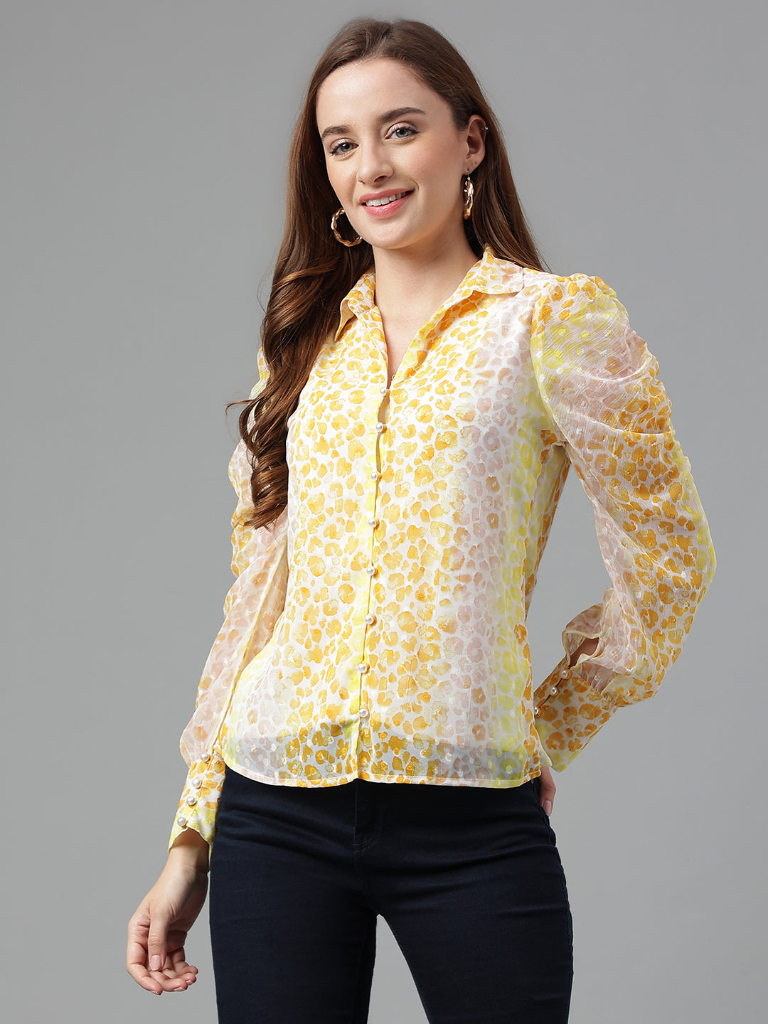 Yellow Full Sleeve Printed Blouse