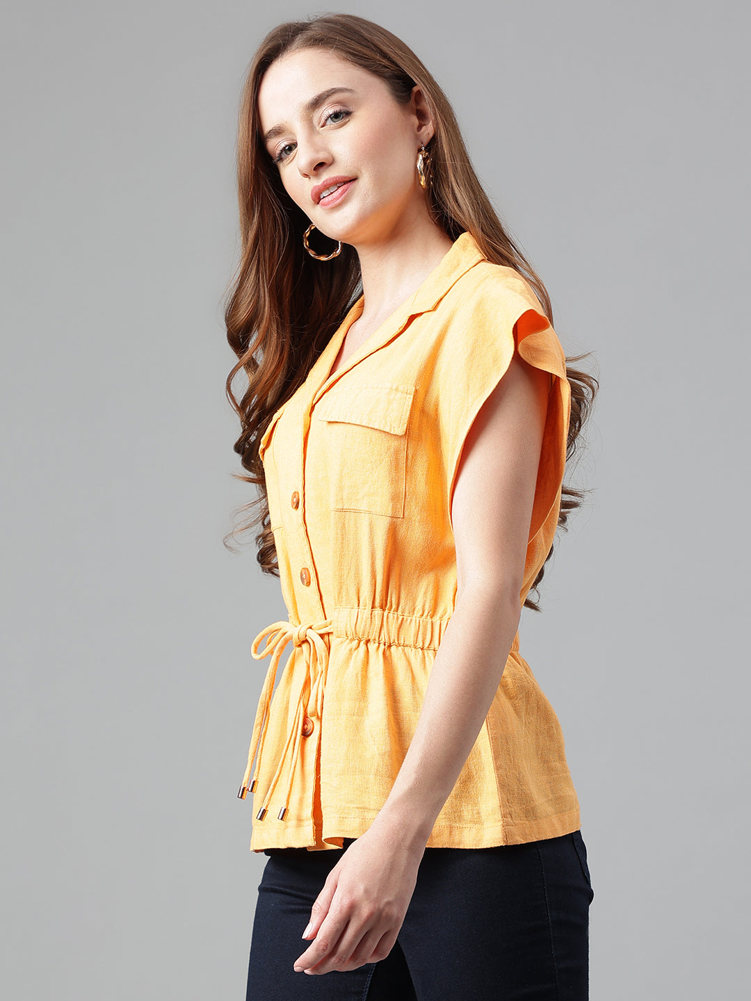 Papaya Cap Sleeve Solid Linen Blouse