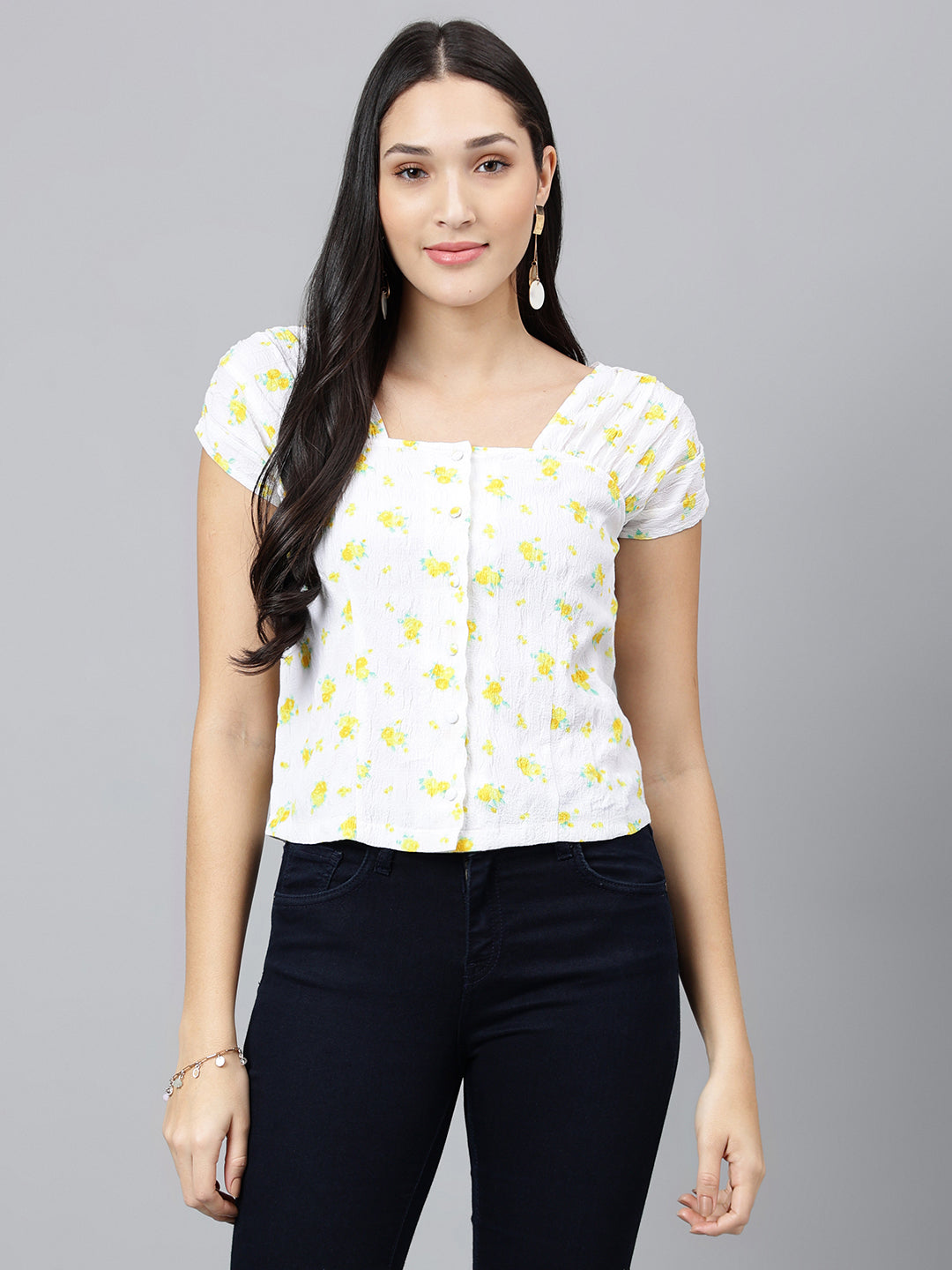 Ivory Printed Cap Sleeve Casual Blouse