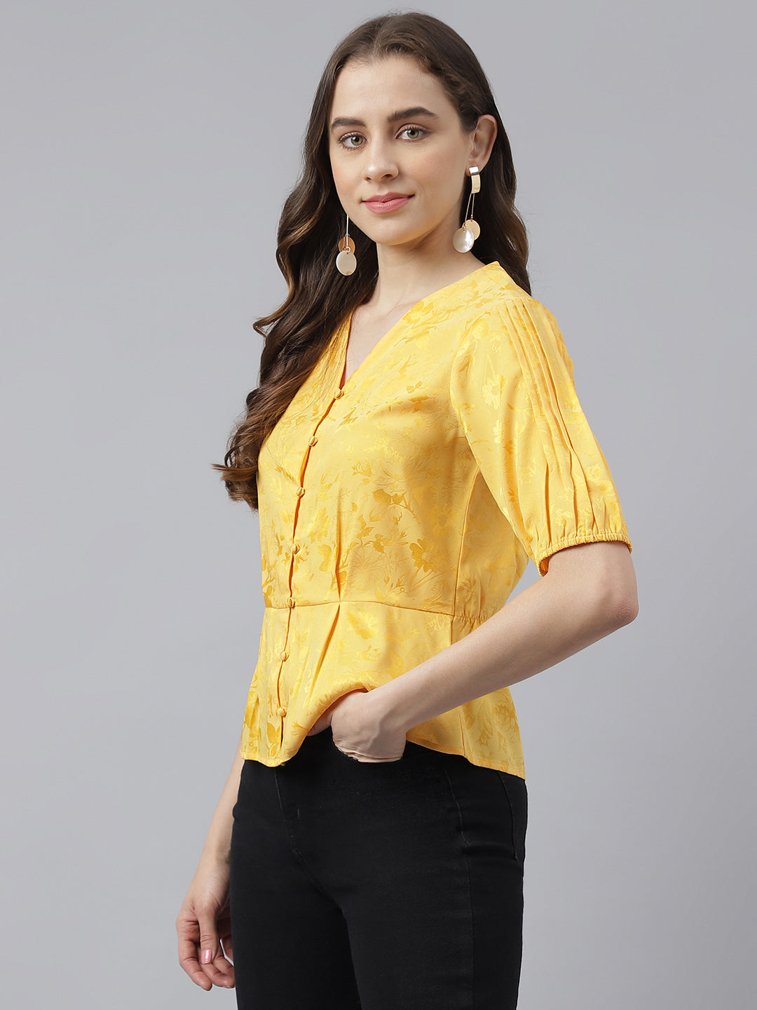 Yellow Floral Print V-Neck with Puffer Sleeve Peplum Top