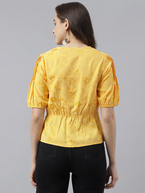 Yellow Floral Print V-Neck with Puffer Sleeve Peplum Top