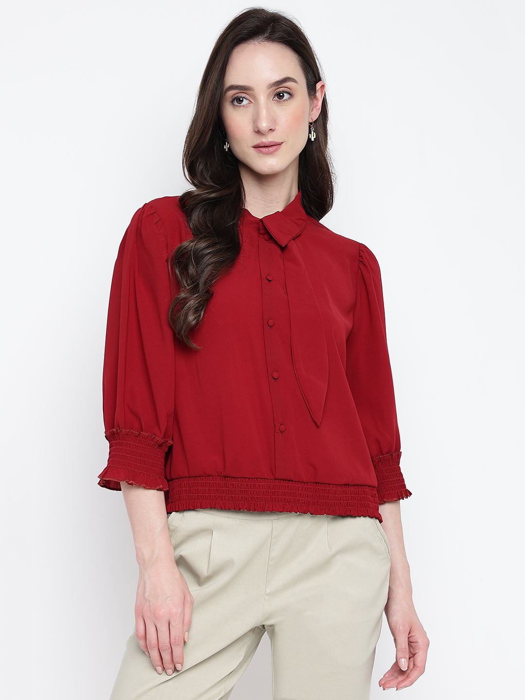 Latin Quarters Women's Maroon Half Sleeves Collar Neck Casual Solid Top