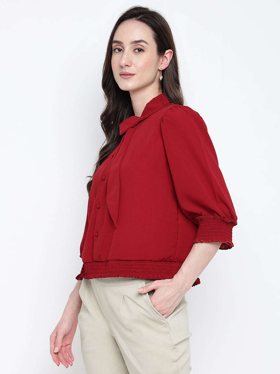 Latin Quarters Women's Maroon Half Sleeves Collar Neck Casual Solid Top